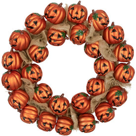 20" Unlit Jack-O'-Lantern and Burlap Ribbon Halloween Wreath