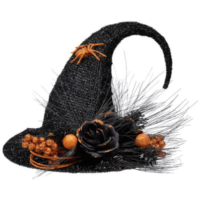 16" Black Tinsel Witch's Hat with Orange Glittered Roses Halloween Decoration