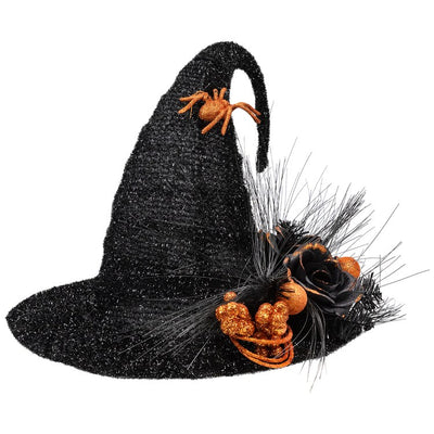 16" Black Tinsel Witch's Hat with Orange Glittered Roses Halloween Decoration