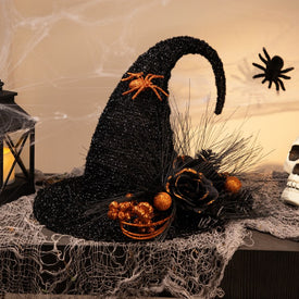 16" Black Tinsel Witch's Hat with Orange Glittered Roses Halloween Decoration