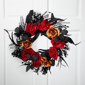 22" Unlit Red and Gold Roses with Black Foliage Halloween Wreath
