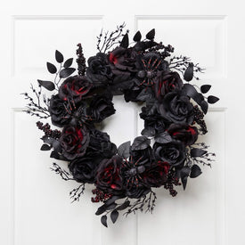 24" Unlit Burgundy and Black Roses with Spiders Halloween Wreath