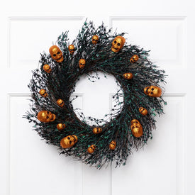 22" Unlit Black and Orange Skulls and Spiders Halloween Twig Wreath