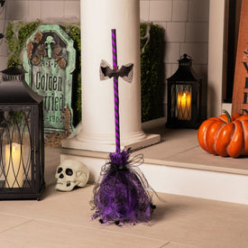 29" Purple and Black Striped Animated Witch's Halloween Broom with Bat Accents