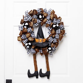 24" Unlit Orange and Black Witch with Bows Halloween Wreath