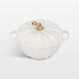 4-Quart Enameled Cast Iron Pumpkin Cocotte with Figural Knob - White with Gold Figural Knob