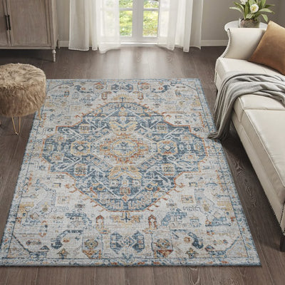 Shaemus Bohemian Medallion Low-Pile Machine-Washable 3' x 5' Area Rug - Cream/Blue/Terra
