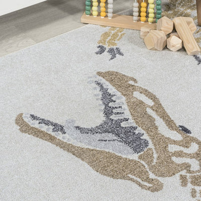 Kingdarr T-Rex Kid's Machine-Washable 2' x 8' Runner Rug - Cream/Multi