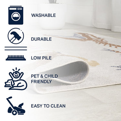 Kingdarr T-Rex Kid's Machine-Washable 2' x 8' Runner Rug - Cream/Multi