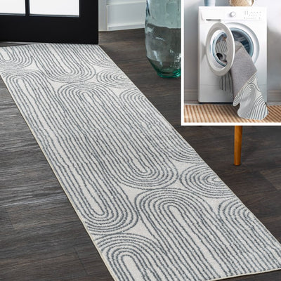Doodle Geometric Machine-Washable 2' x 8' Runner Rug - Cream/Dark Gray