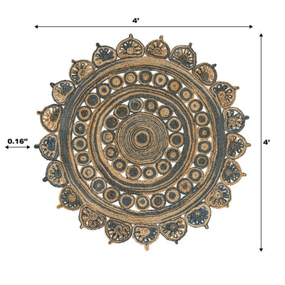 Flora Medallion Bohemian Jute 4' Round Area Rug - Blue/Natural