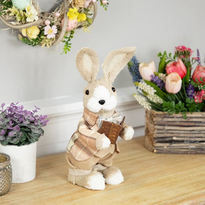 12" Boy Easter Rabbit Figurine with Plaid Jacket - Beige