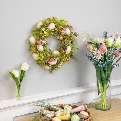 13" Easter Eggs with Butterflies Artificial Spring Wreath - Green and Pink