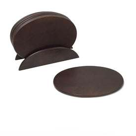 Seven-Piece Rubberwood Oval Tray Serving Set with Holder - Walnut Stain