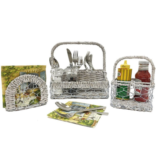 Three-Piece Whitewashed Seagrass and Wire Entertaining Serving Set