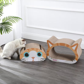 Opal Modern Cardboard Happy Cat Head Two-in-1 Cat Cave Scratcher with Built-In Bell Toys and Catnip