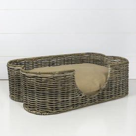 Scallop Tropical Handwoven Rattan Dog Bed with Machine Washable Cushion