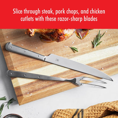 Porterhouse Two-Piece Stainless Steel Carving Knife Gift Set with Fork in Red Presentation Box