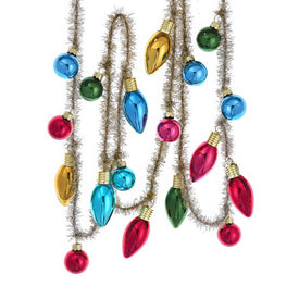 6' Bright Glass Metallic Balls and C7 Faux Bulbs with Gold Tinsel Garland