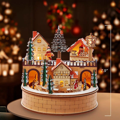 8.7" Wooden Santa's Musical Christmas Village, Warm LED Light, Cordless