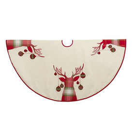 60" Ivory with Plaid and Embroidered Reindeer Applique Tree Skirt