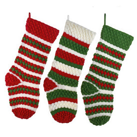 20" Red, Green and White Striped Knit Stockings, Set of 3
