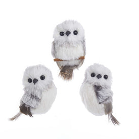 3.9" Gray with White Fur Owl Ornaments, Set of 3