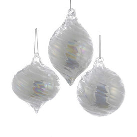 3.5" Iridenscent White Pearl Swirl Glass Ornaments, 3-Piece Set