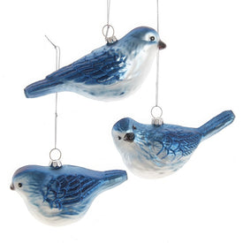 5.5" Glittered Blue Bird Glass Ornaments, Set of 3