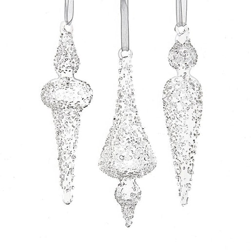 6" Clear Frosted Finial Glass Ornaments, Set of 3