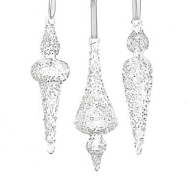 6" Clear Frosted Finial Glass Ornaments, Set of 3