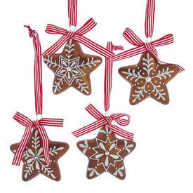 3.5" Glass Gingerbread Star with Ribbon Ornaments, Set of 4