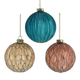 4" Antiqued Teal, Rose and Gold Textured Glass Ball Ornaments, Set of 3