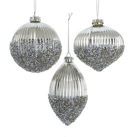 4" Fluted Frosted-Silver Ball, Drop, and Onion-Shaped Glass Ornaments, Set of 3