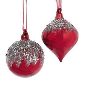 3" Frosted-Silver & Red Glass Ball and Onion Ornaments, Set of 2