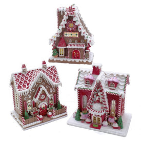 9"-10" Peppermint Candy Gingerbread Houses, LED Illuminated Cordless, Set of 3