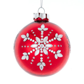 3.1" Shiny Red with Silver Snowflake Glass Ball Ornaments, Set of 6
