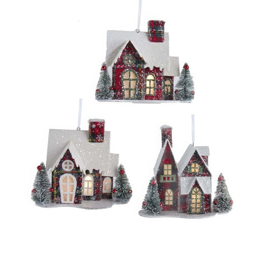 4.5" Snowy Winter Plaid House Ornaments, LED Illuminated, Cordless, Set of 3