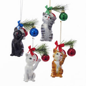 5" Noble Gems Christmas Cats Glass Ornaments, Set of 4