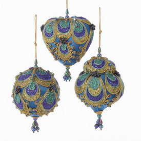 3" Beaded Fabric Ball, Dome and Heart Ornaments, Peacock, Set of 3