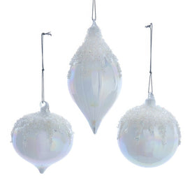 2.75" White Opalescent Glitter-Frosted Glass Ornaments, Set of 3