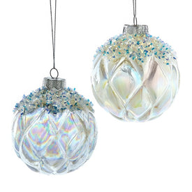 3.9" White and Clear Opalescent and Glitter-Frosted Glass Ornaments, Set of 2