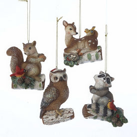 3.2" Woodland Animal Ornaments, Deer, Owl, Squirrel, Raccoon Set of 4