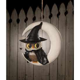 Witchy Owl On Moon Paper Mache Figurine