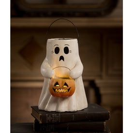 Scaredy Boo with Pumpkin Bucket Paper Mache Figurine
