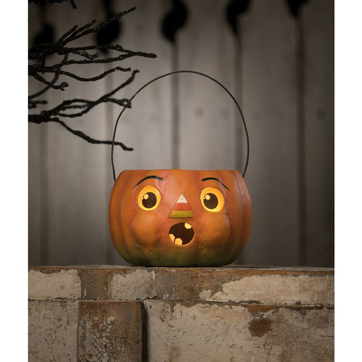 Surprised Candy Corn Pumpkin Bucket Petite Paper Mache Figurine