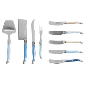 Laguiole Essential Cheese Knife and Spreader 9-Piece Set with Shades of Blue Handles