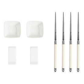 Chopsticks with Faux Ivory Handles, Ceramic Rests and Sauce Bowls Set of 2 Pairs