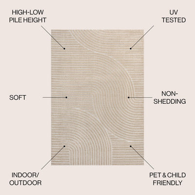 Hallie High-Low Minimalist Curve Geometric 5' x 8' Indoor/Outdoor Area Rug - Beige/Cream