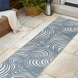 Maribo High-Low Abstract Groovy Striped 2' x 8' Indoor/Outdoor Runner Rug - Dark Blue/Cream